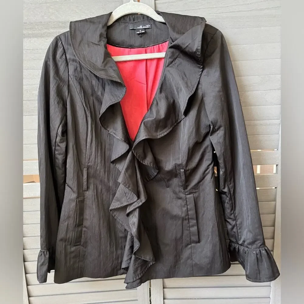 Willi Smith Retro Vintage Black Ruffle Blazer with Red Interior Lining Size S